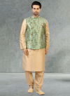 Pista Green Latest Party Wear Jacquard Banarasi Silk Digital Print Kurta Pajama With Jacket Mens Collection 1046
